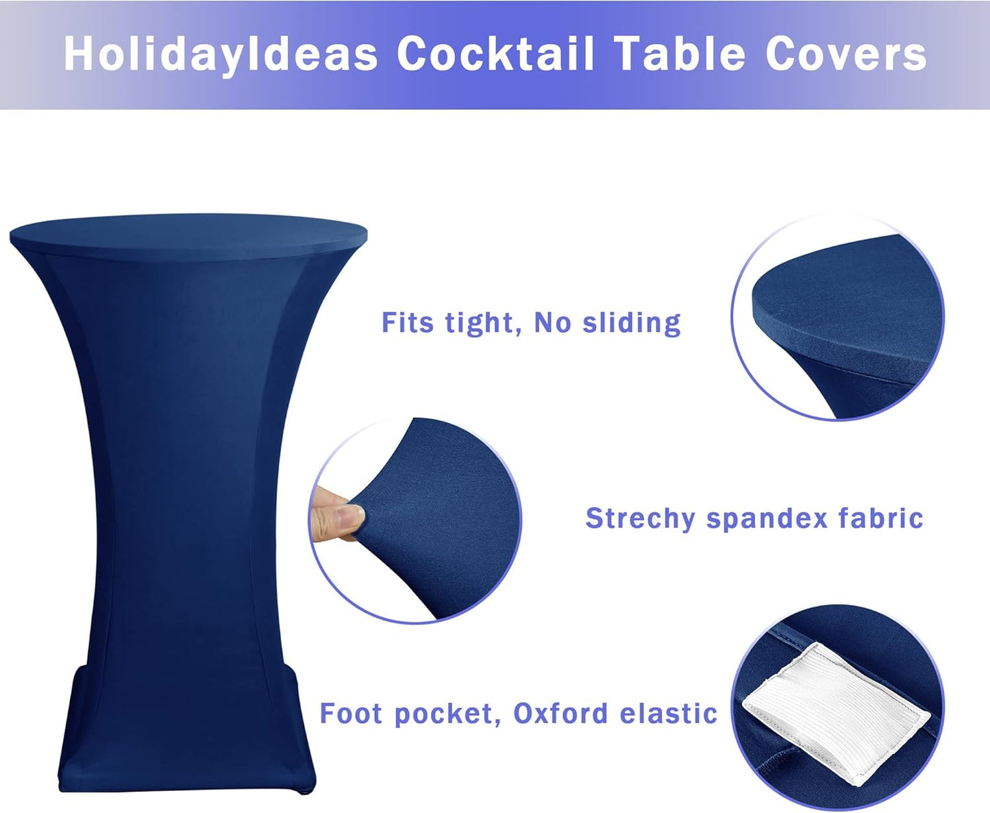 Cocktail Table Covers, 2 Pack - Fitted Stretch Spandex Square Corners Cocktail Tablecloths (Navy, Fit for 30"-32" Diameter x 43" Height Tables)