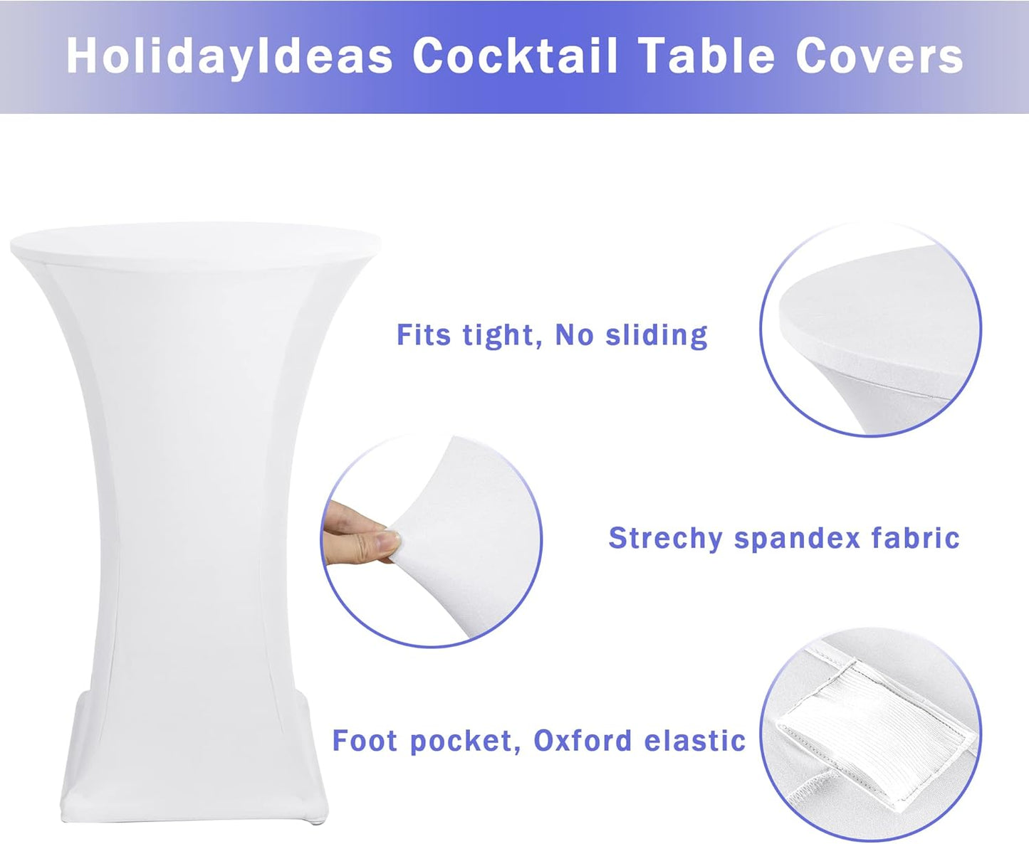 Cocktail Table Covers, 2 Pack - Fitted Stretch Spandex High Top Cocktail Tablecloths with Elastic Corners (White, Fit for 30"-32" Diameter x 43" Height Tables)