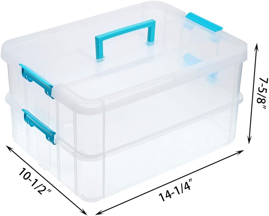 2-Tiers Stack Carry Storage Box With Handle, Transparent Stackable Storage Bin With Handle Lid Latching Storage Container for School & Office Supplies (Blue)