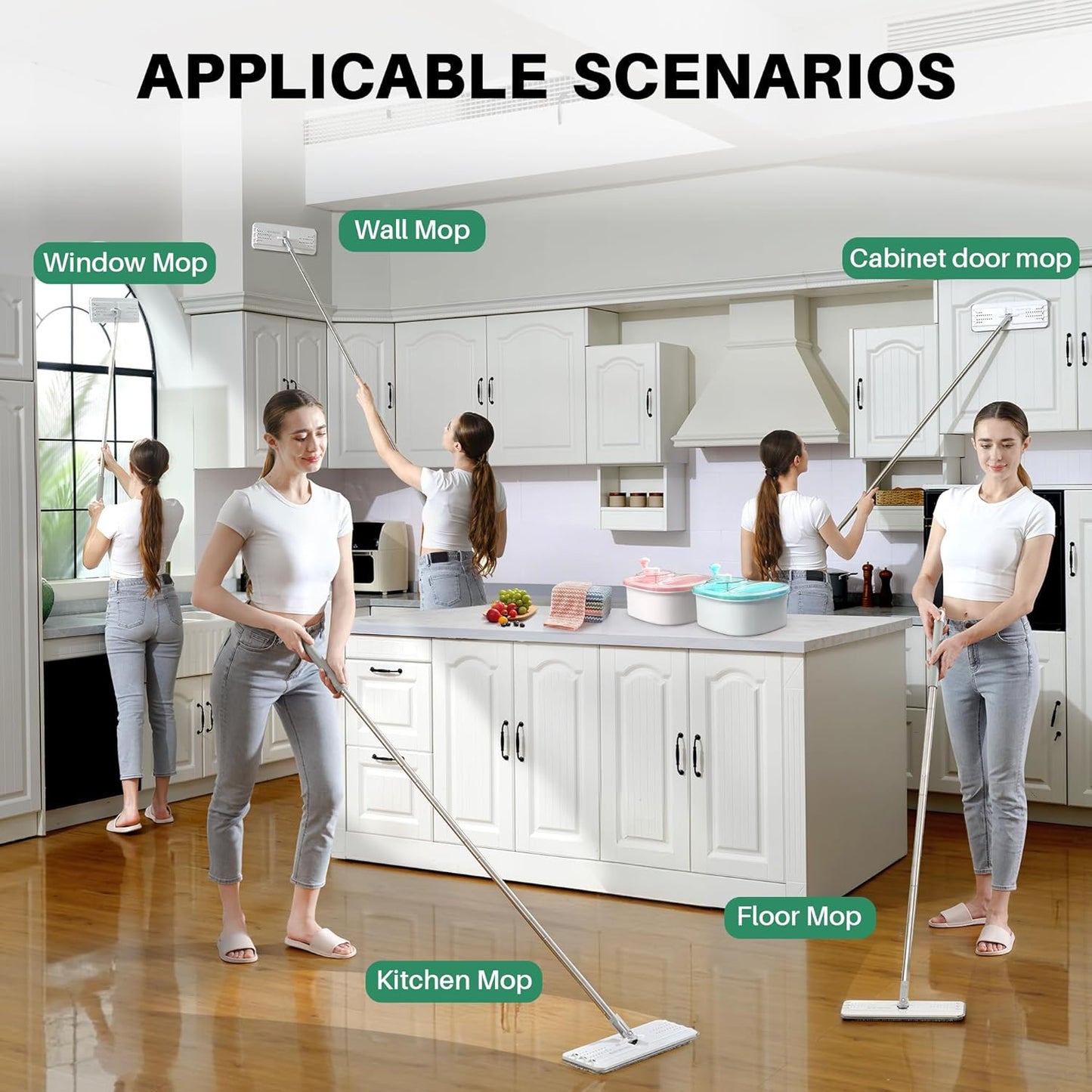 Flat Mops, Microfiber Mop for Floor Cleaning and Wall Cleaner, 50" Mop Handle with Flexible 13" Flat Head with a Microfiber Mop Pad - White