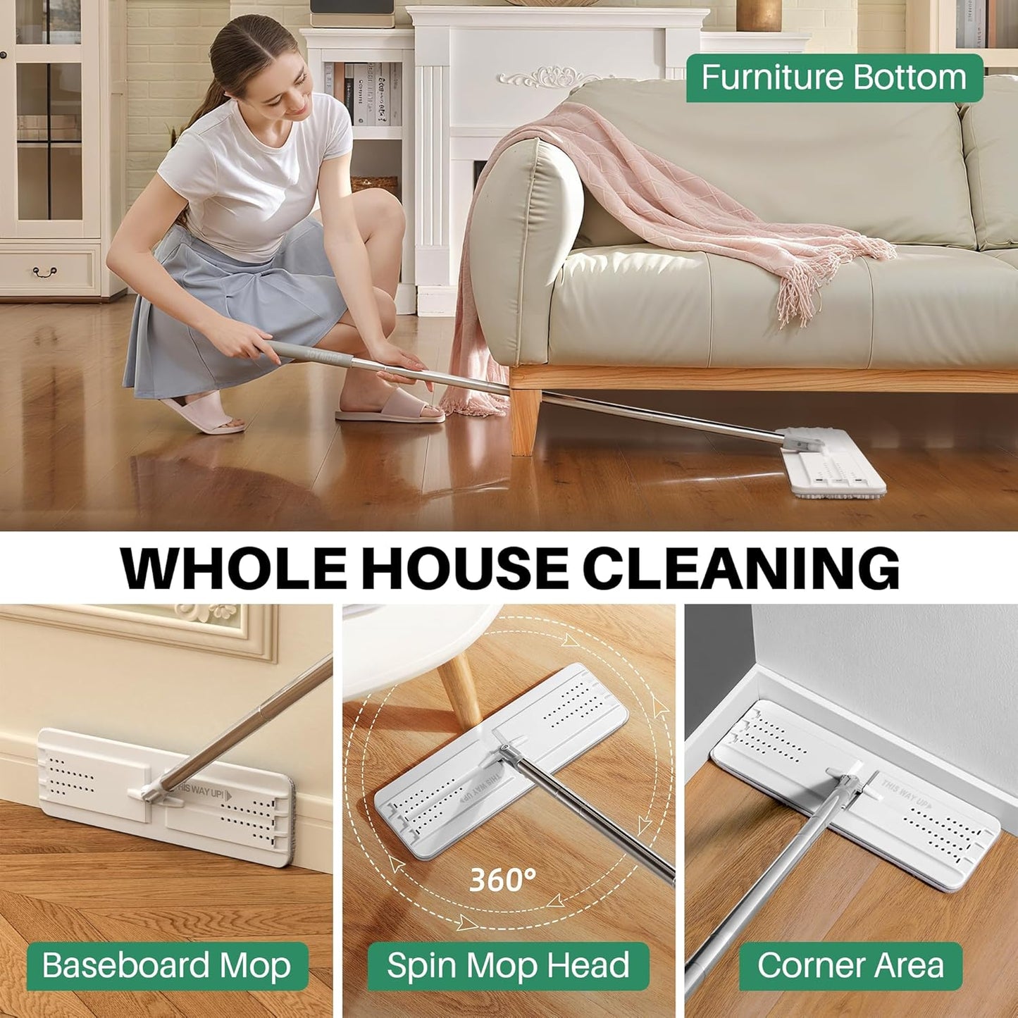 Flat Mops, Microfiber Mop for Floor Cleaning and Wall Cleaner, 50" Mop Handle with Flexible 13" Flat Head with a Microfiber Mop Pad - White