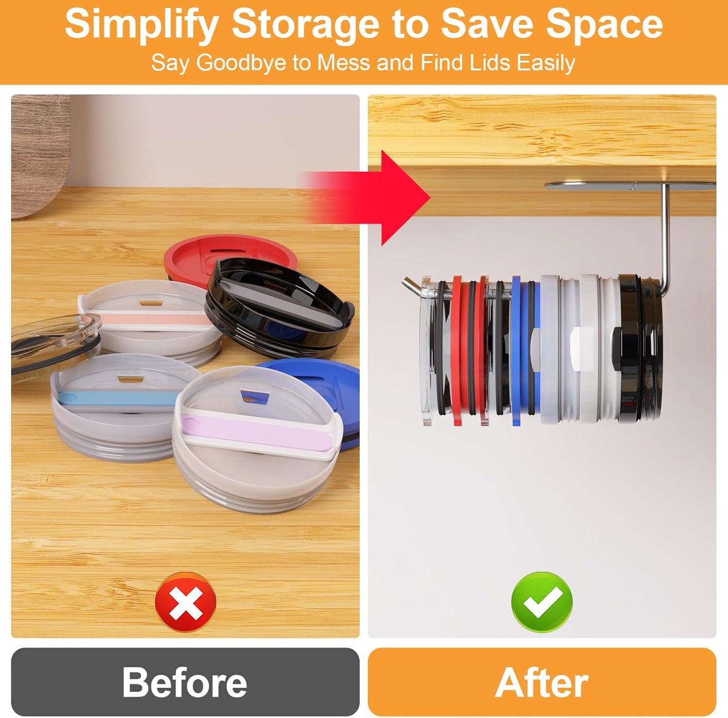 4 Pack Tumbler Lid Organizer, Space Saving Cup Lid Organizer for Yeti/Stanley/Simple Modern Tumbler Lids, Self-Adhesive or Drilling Tumbler Lid Hook for Kitchen Organizers and Storage