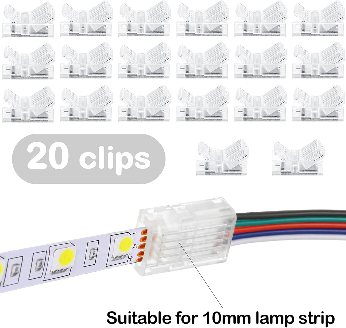20 Pcs 5 Pin 10 mm LED Strip Connector RGB Lights Waterproof Adapter 22 Awg Wires Connector for Strip Light Unwired Gapless Track 5v 12v 24v