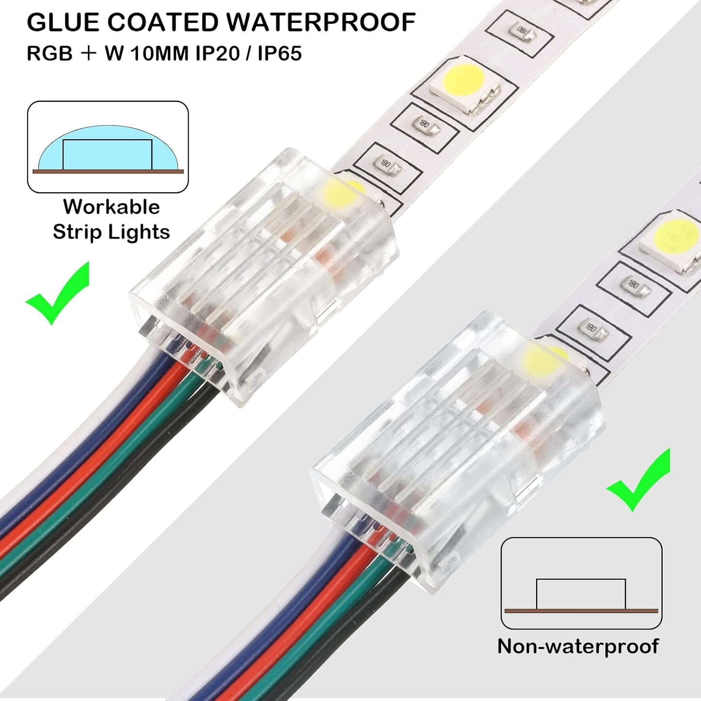 20 Pcs 5 Pin 10 mm LED Strip Connector RGB Lights Waterproof Adapter 22 Awg Wires Connector for Strip Light Unwired Gapless Track 5v 12v 24v