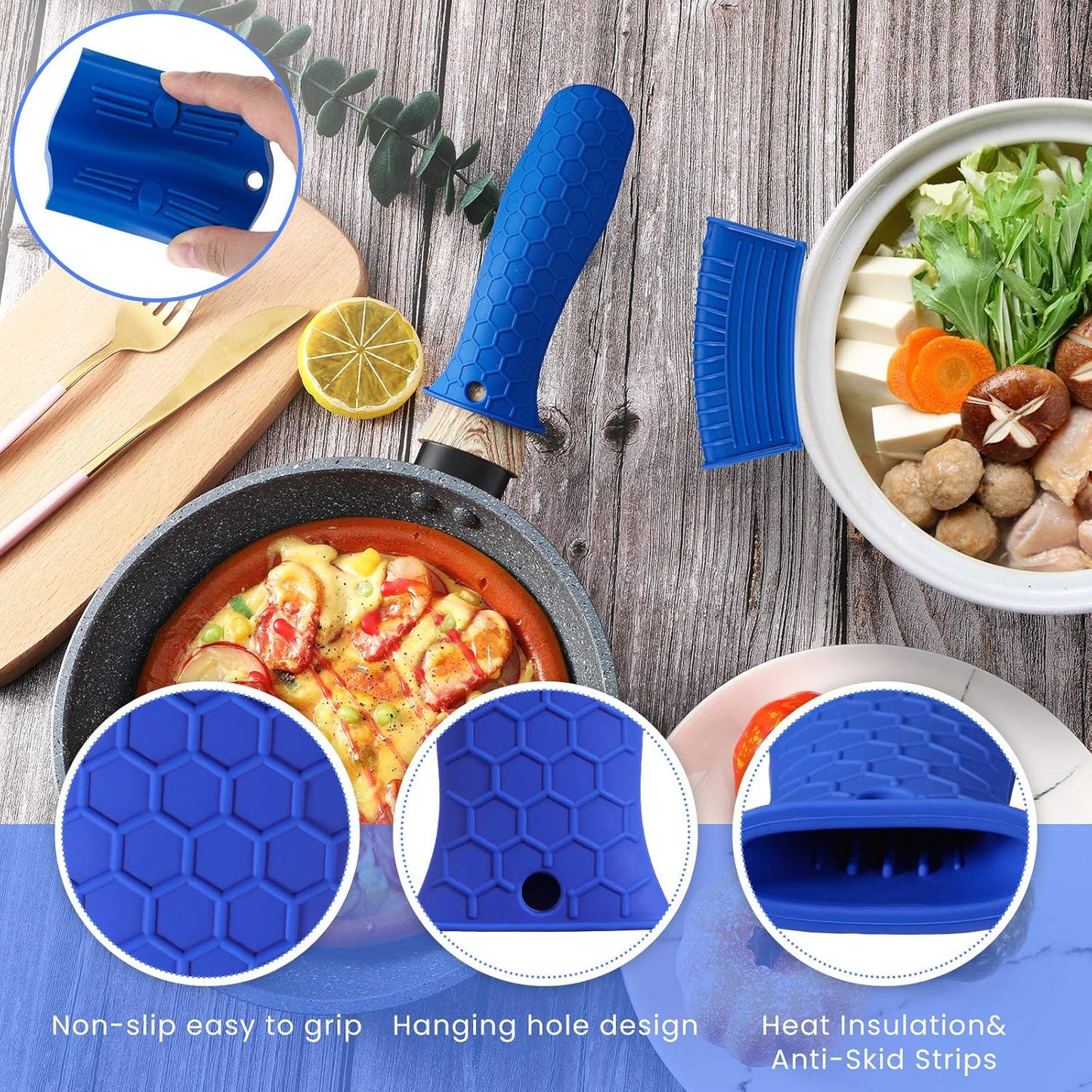 8 Pcs Silicone Pot Holders Set Cast Iron Handle Cover Heat Resistant Pot Handle Covers Potholder Non Slip Reusable Pan Sleeve for Frying Pan Kitchen Supplies(Blue)