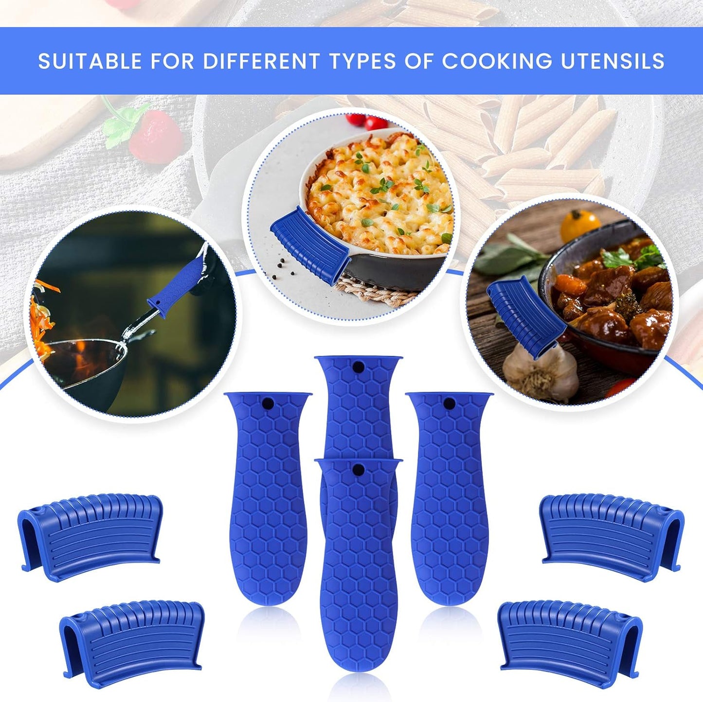 8 Pcs Silicone Pot Holders Set Cast Iron Handle Cover Heat Resistant Pot Handle Covers Potholder Non Slip Reusable Pan Sleeve for Frying Pan Kitchen Supplies(Blue)