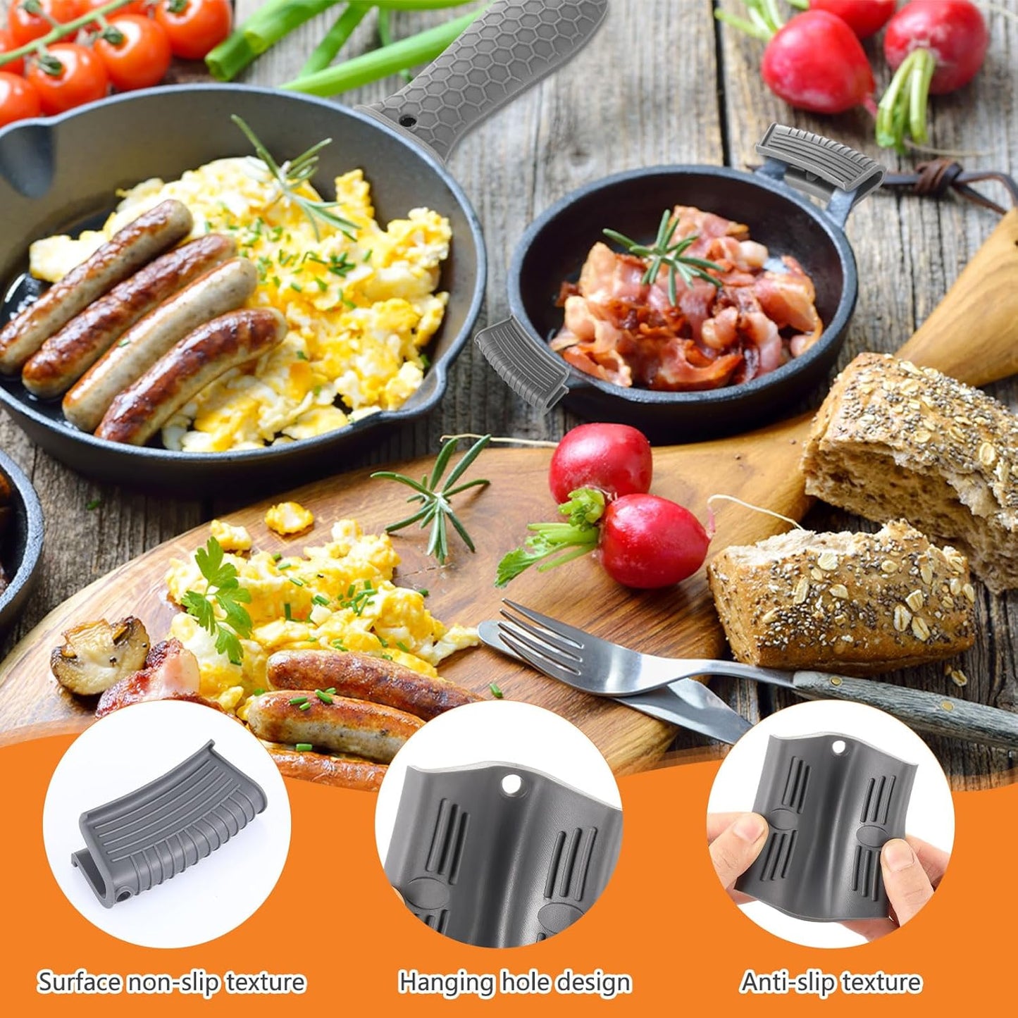 8 Pcs Silicone Pot Holders Set Cast Iron Handle Cover Heat Resistant Pot Handle Covers Potholder Non Slip Reusable Pan Sleeve for Frying Pan Kitchen Supplies(Grey)