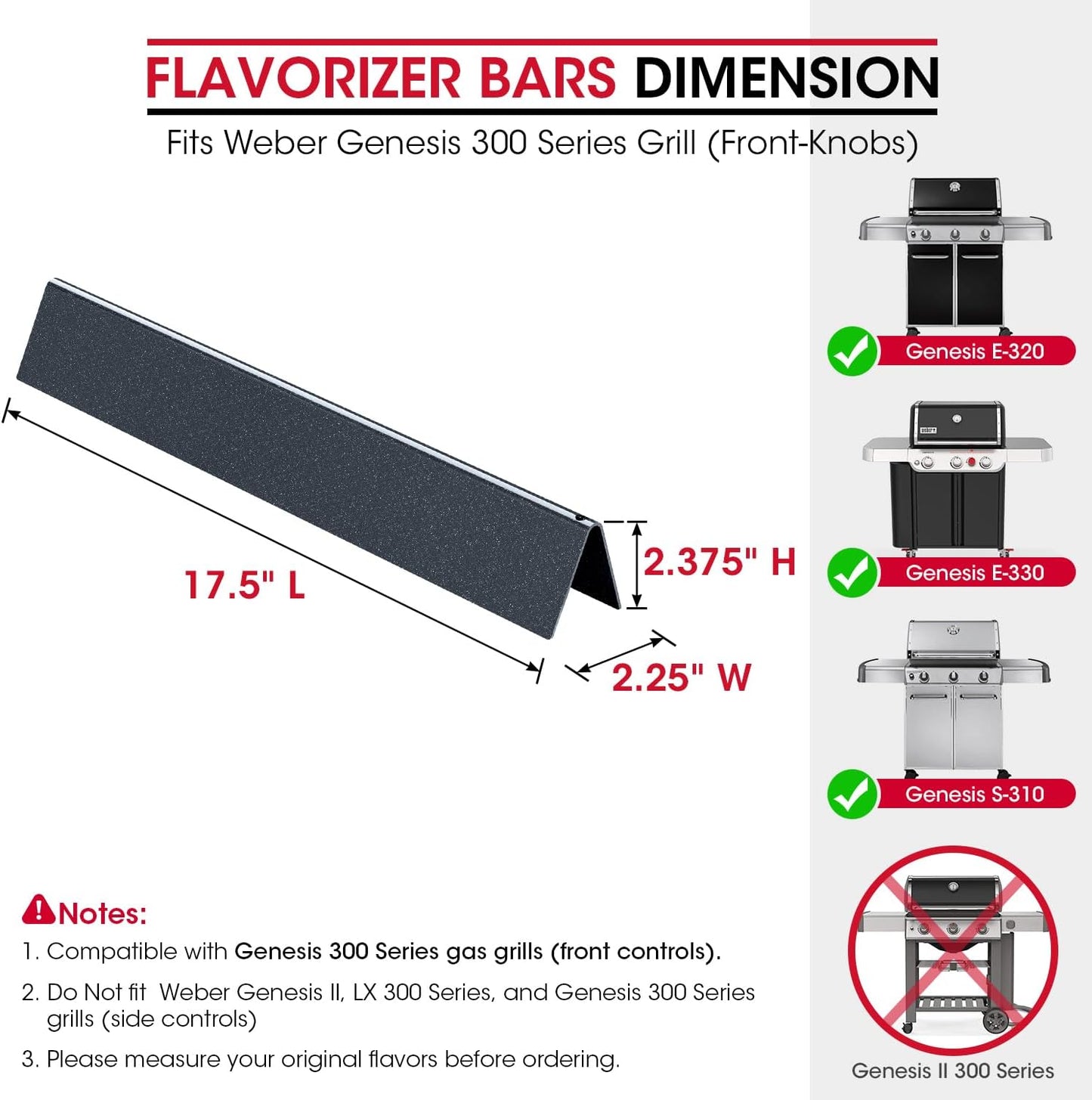 7620 Flavorizer Bars for Weber Genesis 300 Series, E-310 E-330 Grills with Front Control(2011-2016), 17.5 Inch Porcelain Steel Flavor Bars, Grill Burner Cover Replacement Parts