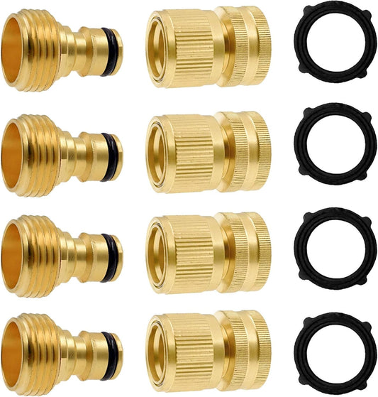 Garden Hose Quick Connector, Solid Brass 3/4 Inch GHT Thread Garden Quick Connect Kit, Male and Female No-Leak Water Hose Fittings (4 Set)