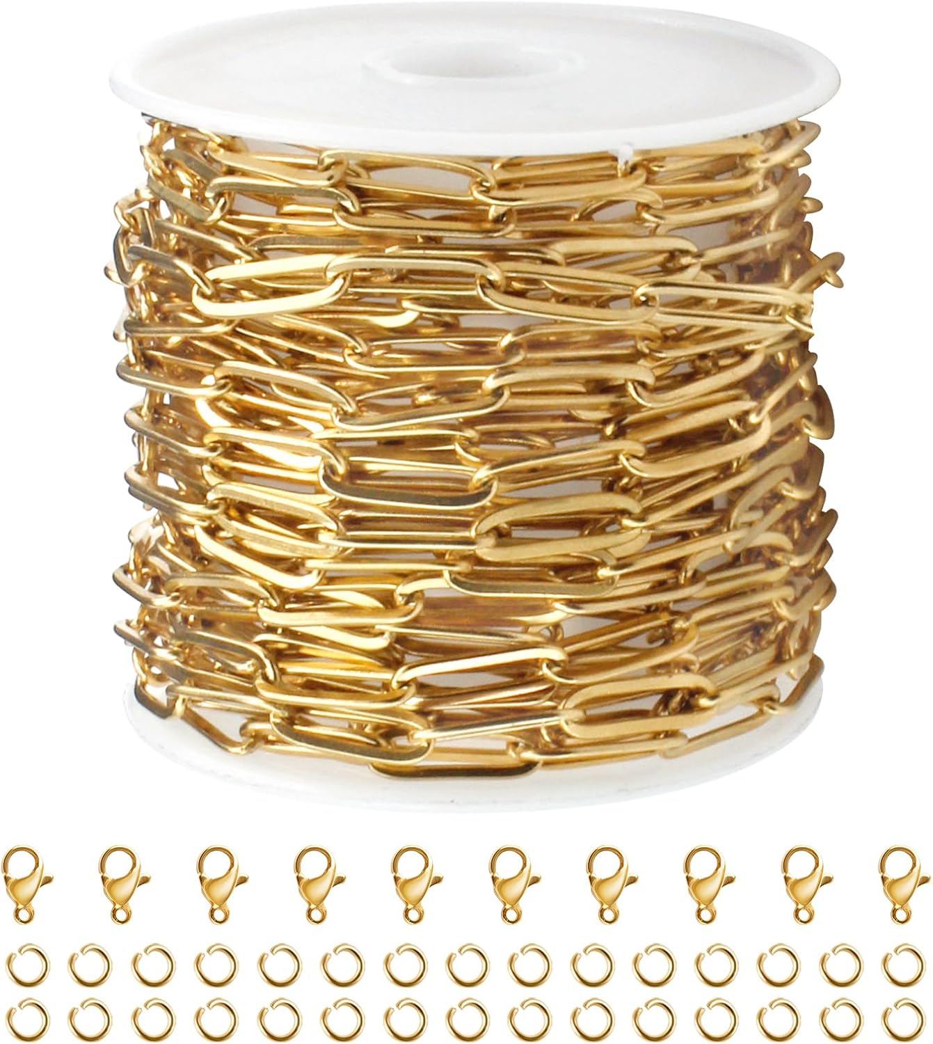 16.4 Feet Gold PVD Plated Chains for Jewelry Making 4MM Paperclip Chain Link on Roll Stainless Steel Chain Bulk with Lobster Clasps and Jump Rings for Women Men Necklace Making Supplies
