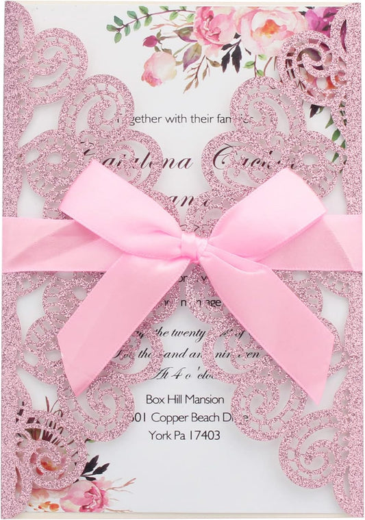50Pcs Wedding Invitations with Envelopes and Rsvp Cards Pink Glitter Laser Cut Invitations with Pink Ribbons for Engagement Brithday Quinceanera Invites