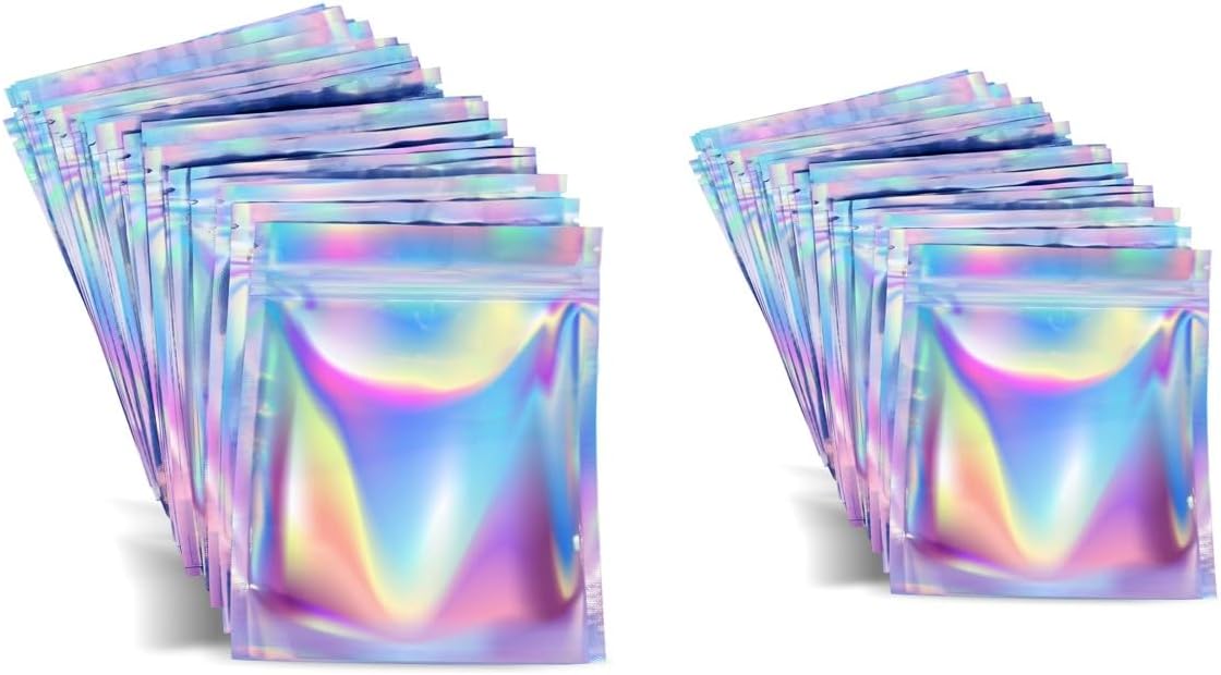 200 Pieces Mylar Bags 4" X 6" and 3" X 4" (100 pieces each), Food Storage, Coffee Storage, Candy Bags, Resealable Bags for Packaging, Holographic Bags, Pouch Bags, Smell Proof Bag