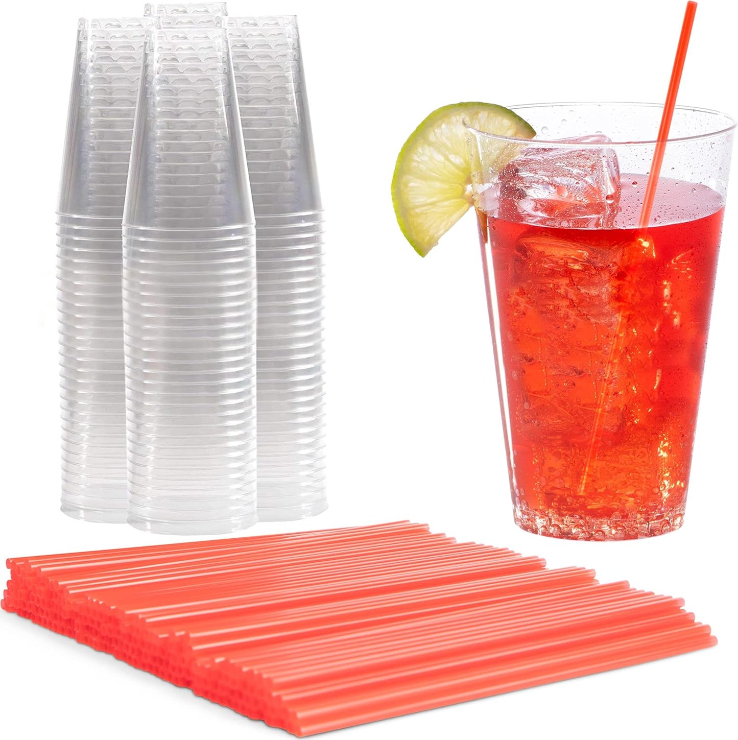 Plastic Cups & Stirrers Bundle: 100 Clear 14oz Plastic Cups and 2000 Pack Plastic Coffee & Cocktail Stirrers
