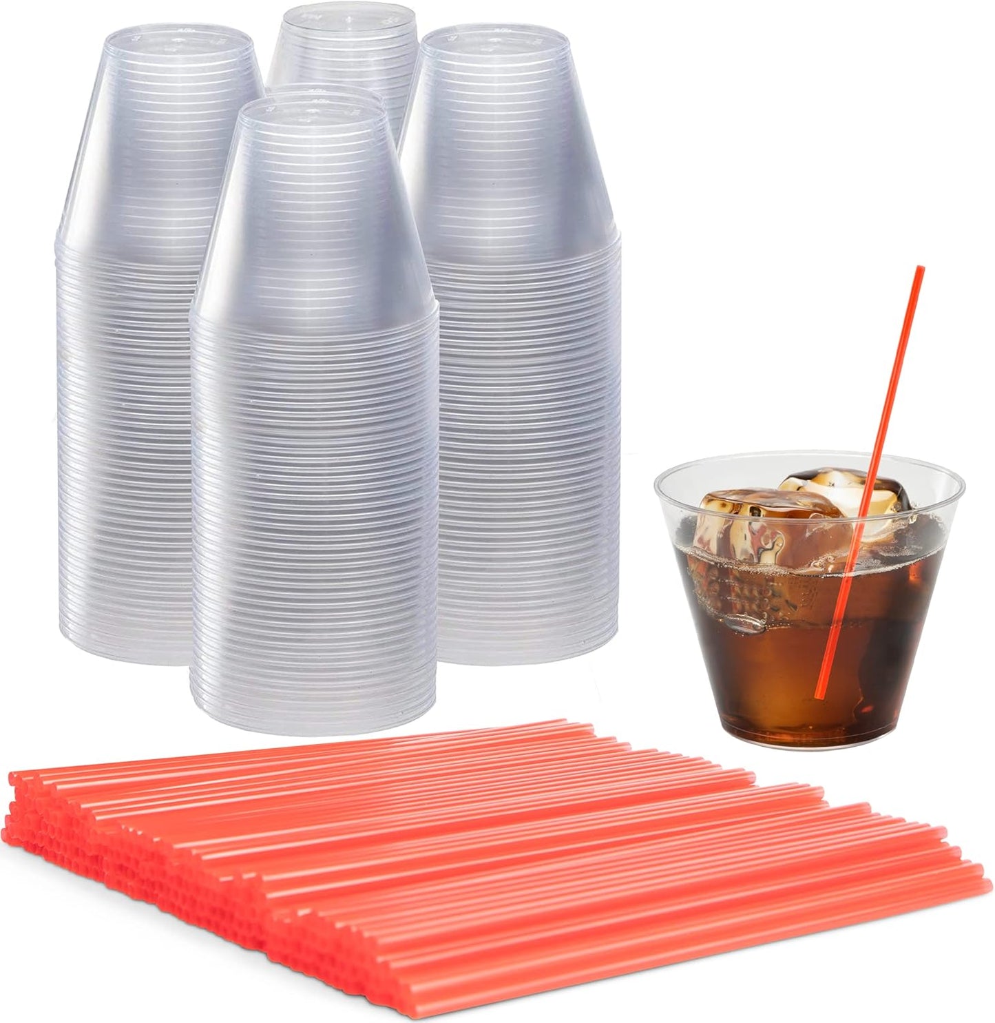 Plastic Cups & Stirrers Bundle: 200 Clear 9oz Plastic Cups and 2000 Pack Plastic Coffee & Cocktail Stirrers
