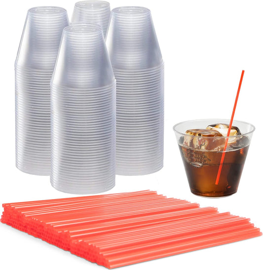 Plastic Cups & Stirrers Bundle: 200 Clear 9oz Plastic Cups and 2000 Pack Plastic Coffee & Cocktail Stirrers