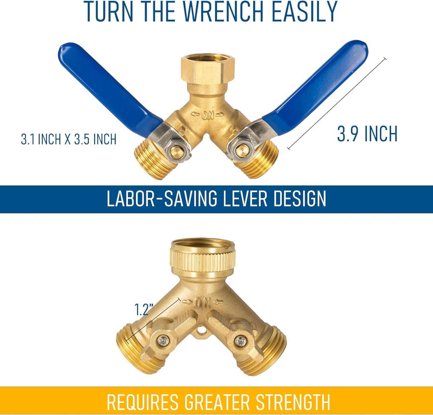 Brass Garden Hose Splitter, Y Valve Splitter with Stainless Steel Long Handle, Heavy Duty 2 Way 3/4" GHT Thread Water Garden Hose Adapter