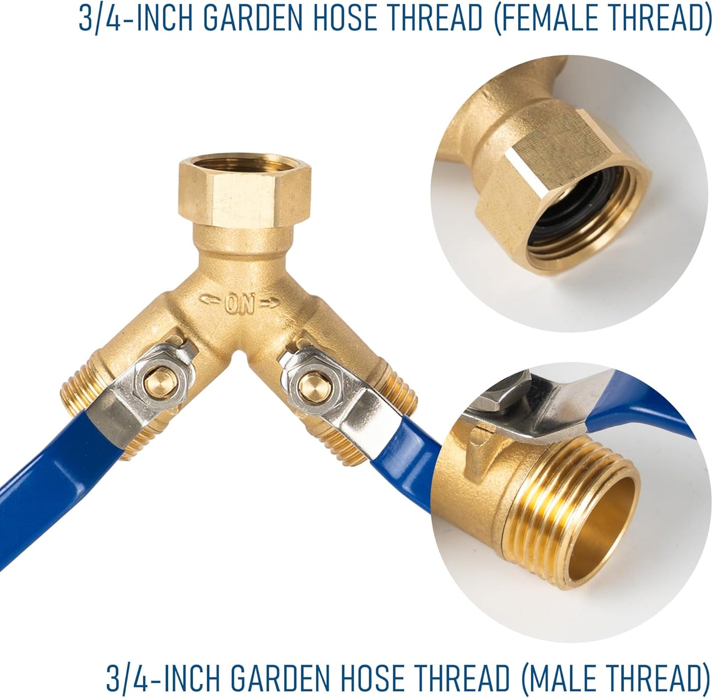 Brass Garden Hose Splitter, Y Valve Splitter with Stainless Steel Long Handle, Heavy Duty 2 Way 3/4" GHT Thread Water Garden Hose Adapter