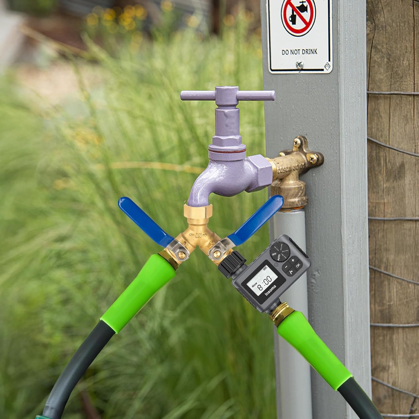 Brass Garden Hose Splitter, Y Valve Splitter with Stainless Steel Long Handle, Heavy Duty 2 Way 3/4" GHT Thread Water Garden Hose Adapter
