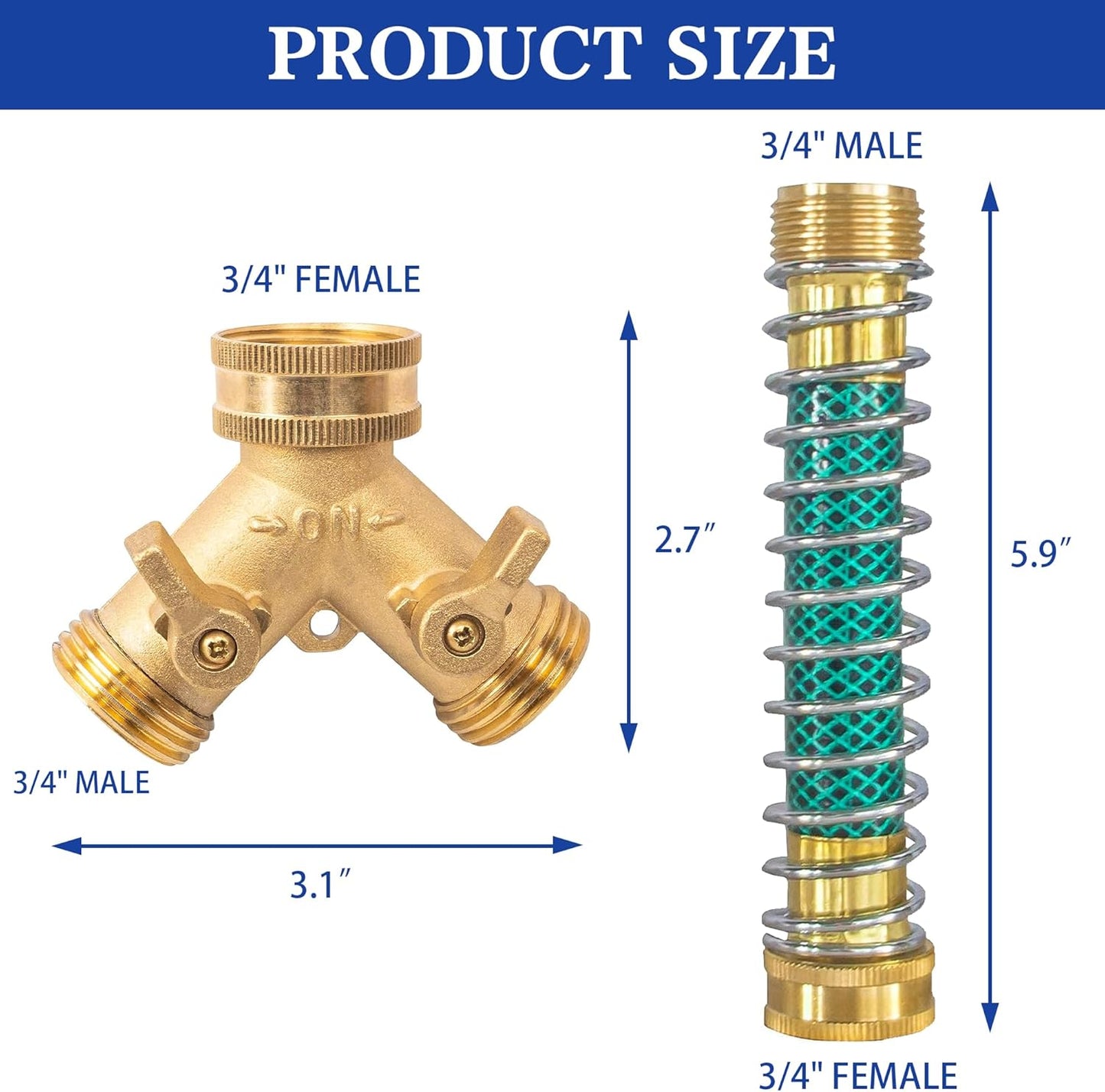 2 Way Hose Splitter, 3/4" Brass Hose Y Splitter with 2 PCS Garden Hose Extension Hose Coiled Spring Protectors and 6 Rubber Washers