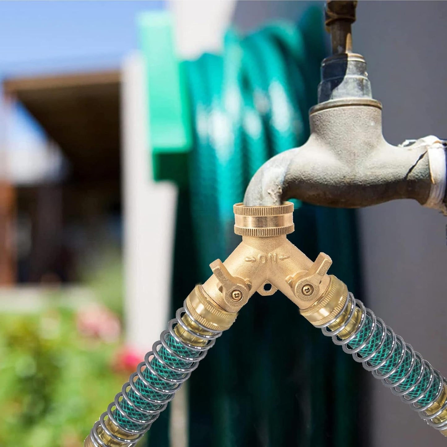 2 Way Hose Splitter, 3/4" Brass Hose Y Splitter with 2 PCS Garden Hose Extension Hose Coiled Spring Protectors and 6 Rubber Washers