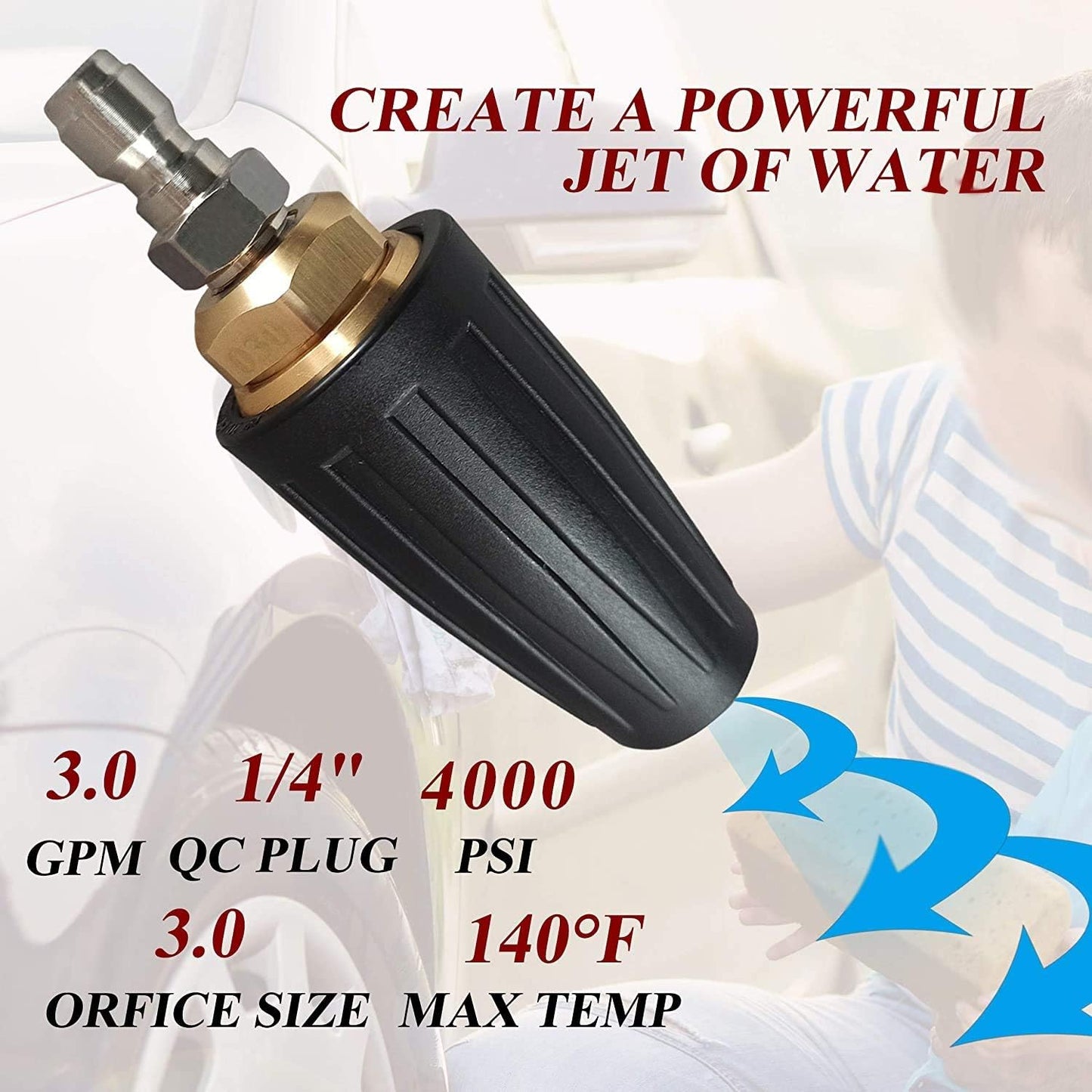 4000 PSI Rotating Turbo Nozzle Set, 1/4 Inch, With 5 Tips for Pressure Washer, Orifice 3.0
