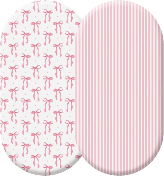 2 Pack Pink Baby Bassinet Sheets Girls Bow Coquette 32'' x 16" Stretchable Soft Crib Sheets Cradle Bed Set Fitted Cover for Oval Rectangle Hourglass Mattress Infant Nursery Toddler Room Decor