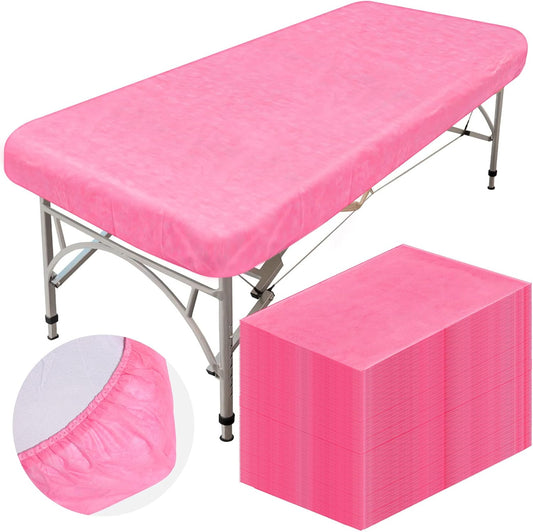 50 Pcs Disposable Fitted Sheets with Elastic, Waterproof Oilproof 39 x 87'' Disposable Massage Bed Sheets Covers for Spa Beauty Salon(Pink)