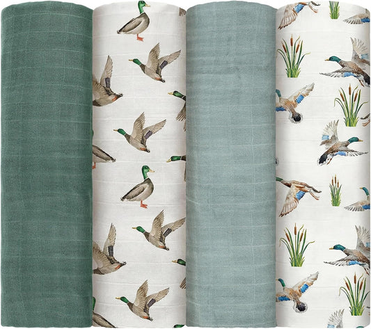 4 Pcs Mallard Duck Muslin Swaddle Blankets Mallard Duck Crib Bedding Set Baby Blanket for Boys Girls 47 x 43 Inches Baby Blanket Neutral Swaddle Wrap 70% Rayon and 30% Cotton for Unisex Newborn