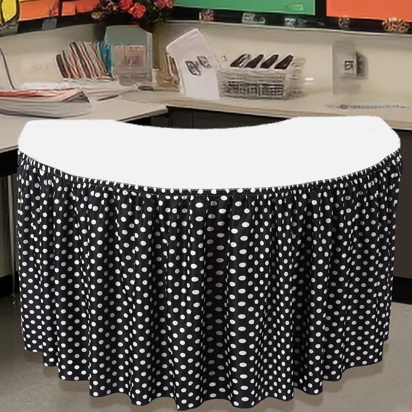 14 ft Black and White Polka Dots Table Skirt Cloths for Teacher Desk Boho Wrinkle Polka Dots Table Cover Skirt for Kindergarten Classroom Kidney Shaped Desk Back to School Supplies
