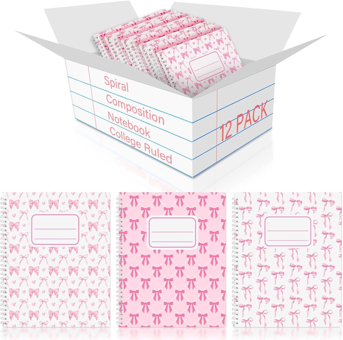 12 Pack Pink Bow Composition Notebooks Preppy Cute Coquette Spiral Notebook 9-3/4 x 7-1/2 Inch College Ruled Hard Cover Journal Back to School Teacher Gifts Preppy School Supplies, 100 Pages