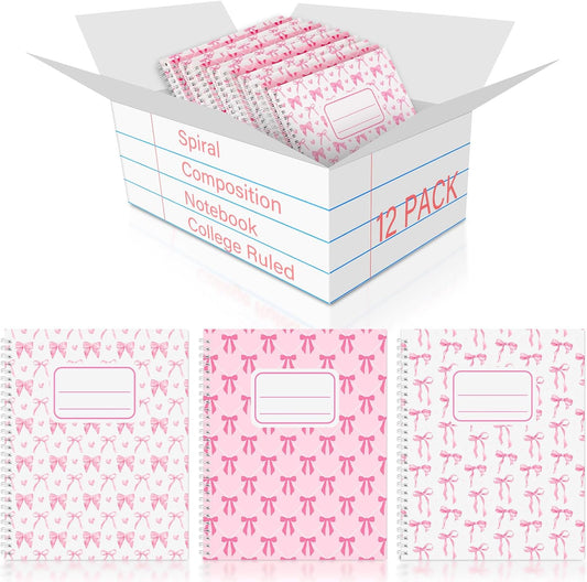 12 Pack Pink Bow Composition Notebooks Preppy Cute Coquette Spiral Notebook 9-3/4 x 7-1/2 Inch College Ruled Hard Cover Journal Back to School Teacher Gifts Preppy School Supplies, 100 Pages