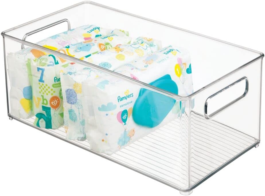 Plastic Deep Bin Organizer Caddy Container w/ Handles for Nursery, Kitchen, Pantry, Bathroom, Cabinet Storage Organization - Holds Snacks, Bottles, Baby Food Jar, Diaper - 14" Long -Clear