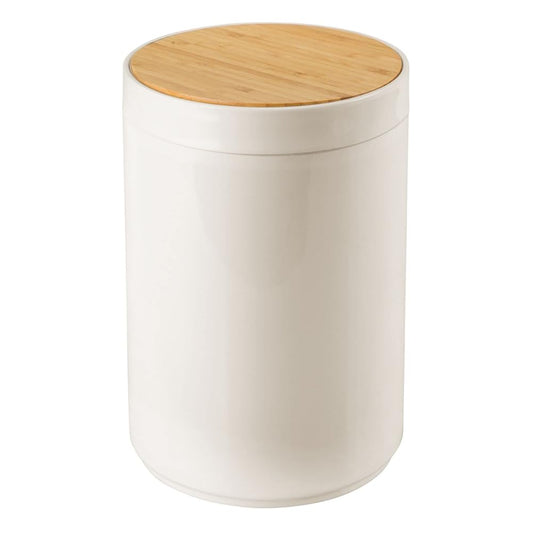 Plastic Round Trash Can Small Wastebasket - Garbage Bin Container with Swing-Close Lid - Bathroom Garbage Basket - Holds Waste, Recycling - 1.3 Gallon - Basa Collection - Cream/Beige/Natural
