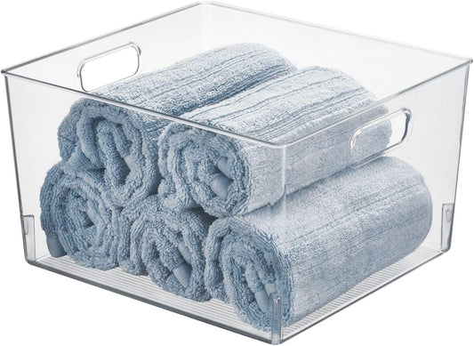 Large Modern Stackable Plastic Storage Organizer Bin Basket with Handles for Bathroom Vanity Organization - Shelf, Cubby, Cabinet, or Closet Organizing Decor, Ligne Collection - Clear
