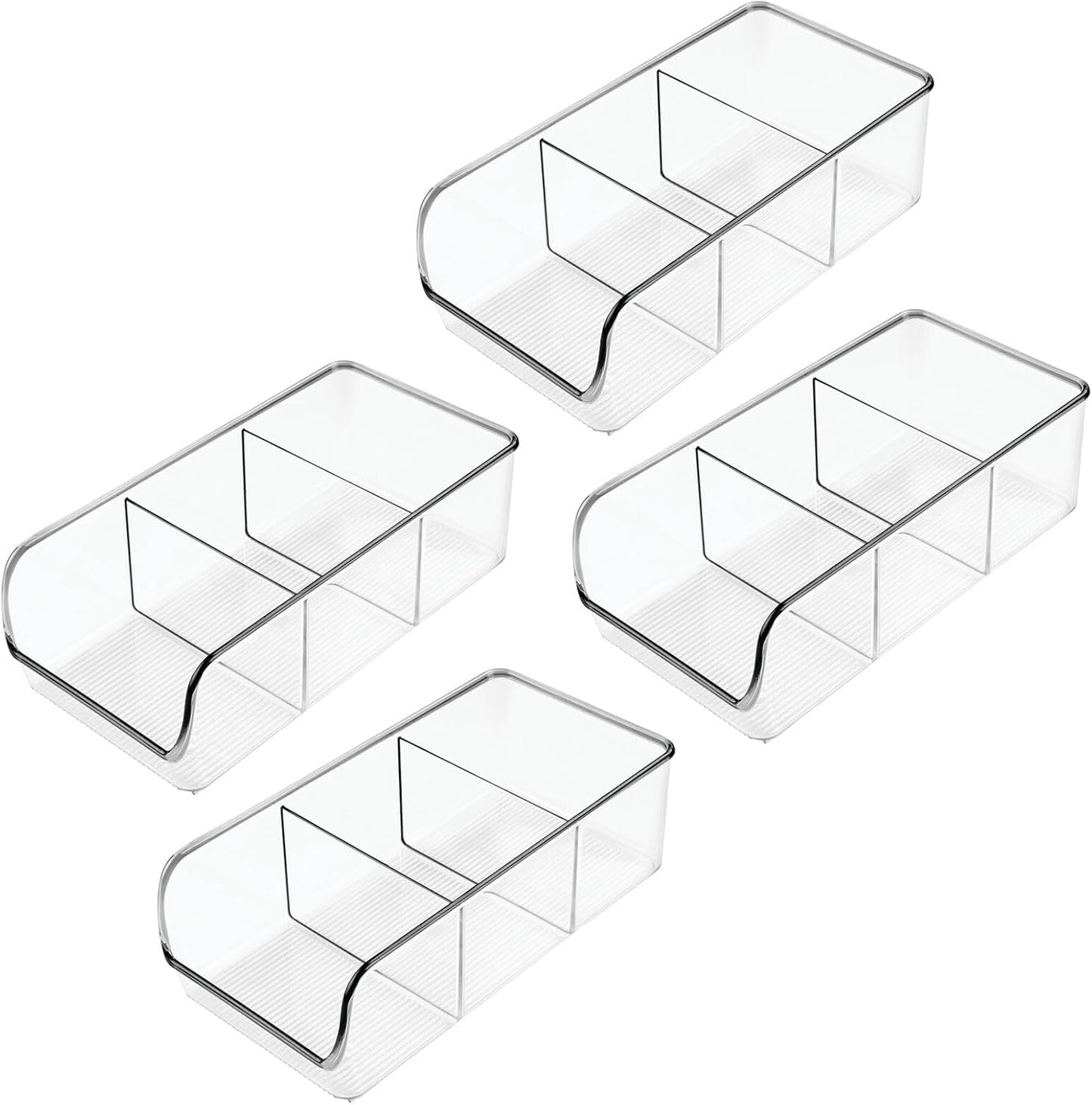 Plastic Food Storage Bin Organizer with 3 Compartments for Kitchen Cabinet, Pantry, Shelf, Drawer, Fridge, Freezer Organization - Holds Snack Bars - Ligne Collection - 4 Pack - Clear