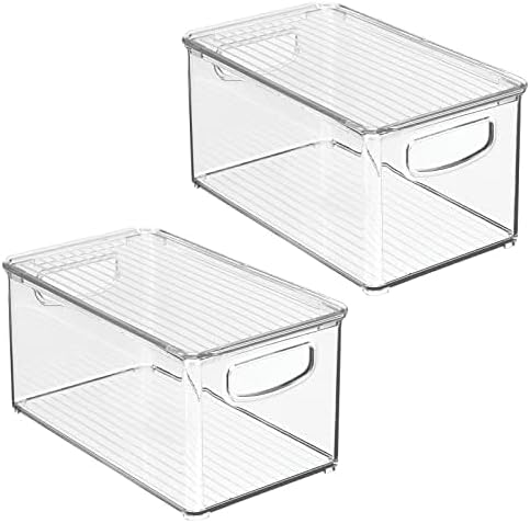 Plastic Deep Storage Bin Box Container with Lid and Built-In Handles - Organization for Fruit, Snacks, or Food in Kitchen Pantry, Cabinet, or Cupboard, Ligne Collection, 2 Pack, Clear