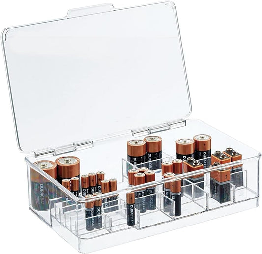 Plastic Large Stackable Divided Battery Storage Organizer Box with Hinged Lid for AA, AAA, C, D, 9 Volt Sizes, Great Storage for Kitchens, Home Offices, and Utility Rooms - Clear