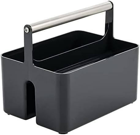 Plastic Shower Caddy Storage Organizer Utility Tote, Divided Basket Bin - Metal Handle for Bathroom, Dorm, Kitchen, Holds Soap, Shampoo, Conditioner - Aura Collection - Black/Brushed Chrome