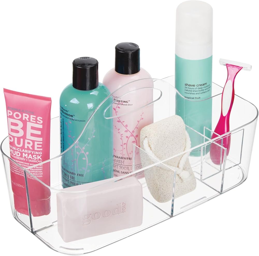 Plastic Divided Shower Organizer Basket Caddy Tote with Handle - Storage for Bathroom or Dorm - Holds Hand Soap, Shampoo, Sponges, Scrubs, and Body Wash - Lumiere Collection - Clear