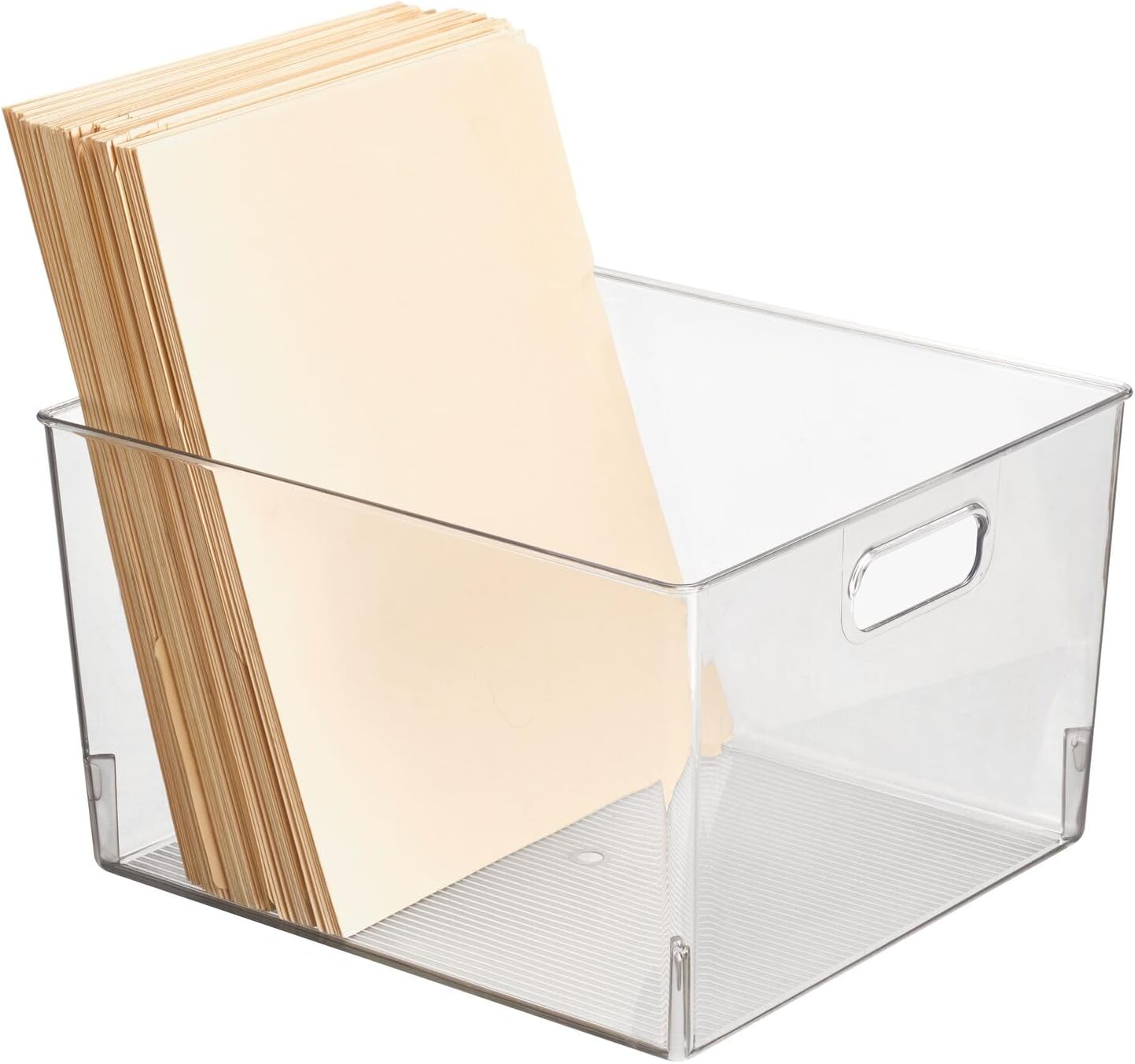 Large Plastic Office Storage Organizer Container Bin with Handles - Basket for Cabinet, Cupboard, Desk, Closet and Shelf Organization - Holds Notebook, Books, Files, Ligne Collection - Clear