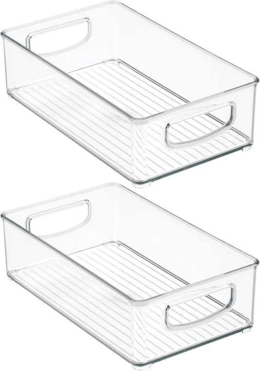 Small Plastic Bathroom Storage Container Bins with Handles for Organization in Closet, Cabinet, Vanity or Cupboard Shelf, Accessory Organizer - Ligne Collection - 2 Pack - Clear