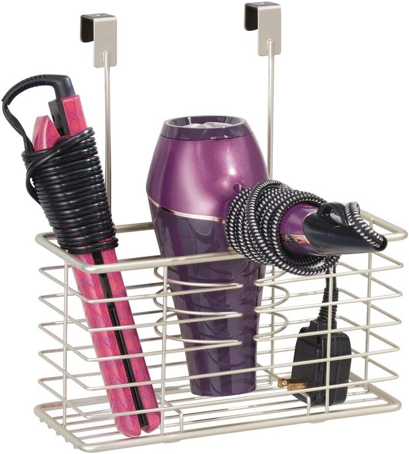 Steel Over Cabinet/Door Hair Dryer Holder Storage, Hair Styling Tool Organizer Basket for Bathroom - Blow Dryer, Flat Iron, Curling Wand, Straightener, Linelle Collection - Satin