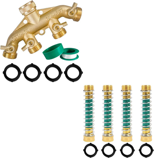 Brass Garden Hose Splitter (4 Way) + Garden Hose Protector