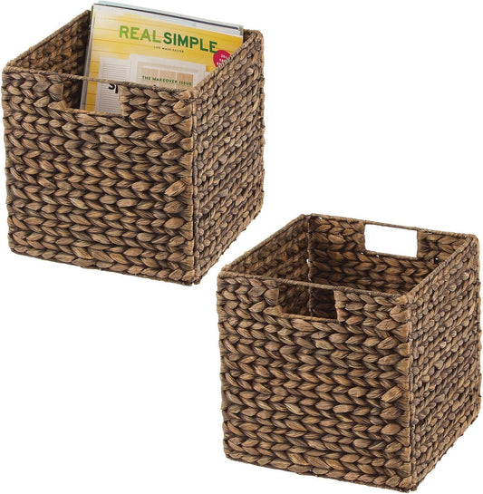 Natural Woven Hyacinth Cube Organizer Basket with Handles, Storage for Bathroom, Laundry Room Shelf or Nursery - Perfect for Cubby Storage Units - Hold Blankets and Books - 2 Pack, Brown Wash
