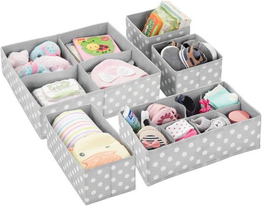 Soft Fabric Dresser Drawer/Closet Divided Storage Organizer Bins for Nursery - Holds Blankets, Bibs, Socks, Lotion, Clothes, Shoes, Toys - Set of 5 - Gray/White Polka Dot