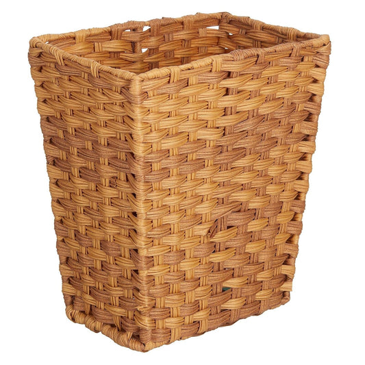 Small Woven Trash Can - Slim Rectangular Waste Basket - Decorative Garbage Waste Bin for Bedroom, Bathroom, Kitchen, Home Office, Craft, Laundry, Utility Rooms, and Garage - Camel
