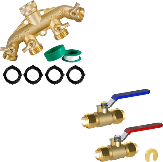 Brass Garden Hose Splitter (4 Way) + 1/2 Inch Push-Fit Full Port Ball Valve