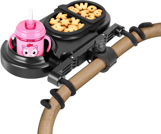 Universal Stroller Snack Tray, 3-in-1 Detachable Cup and Snack Holder with Silicone Arms, Separating Silicone Sleeve Set, Dishwasher-Safe Baby Stroller Accessory