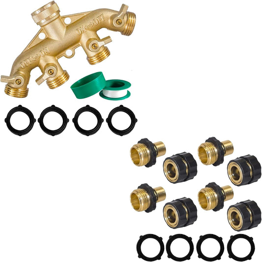 Brass Garden Hose Splitter (4 Way) + Garden Hose Quick Connector