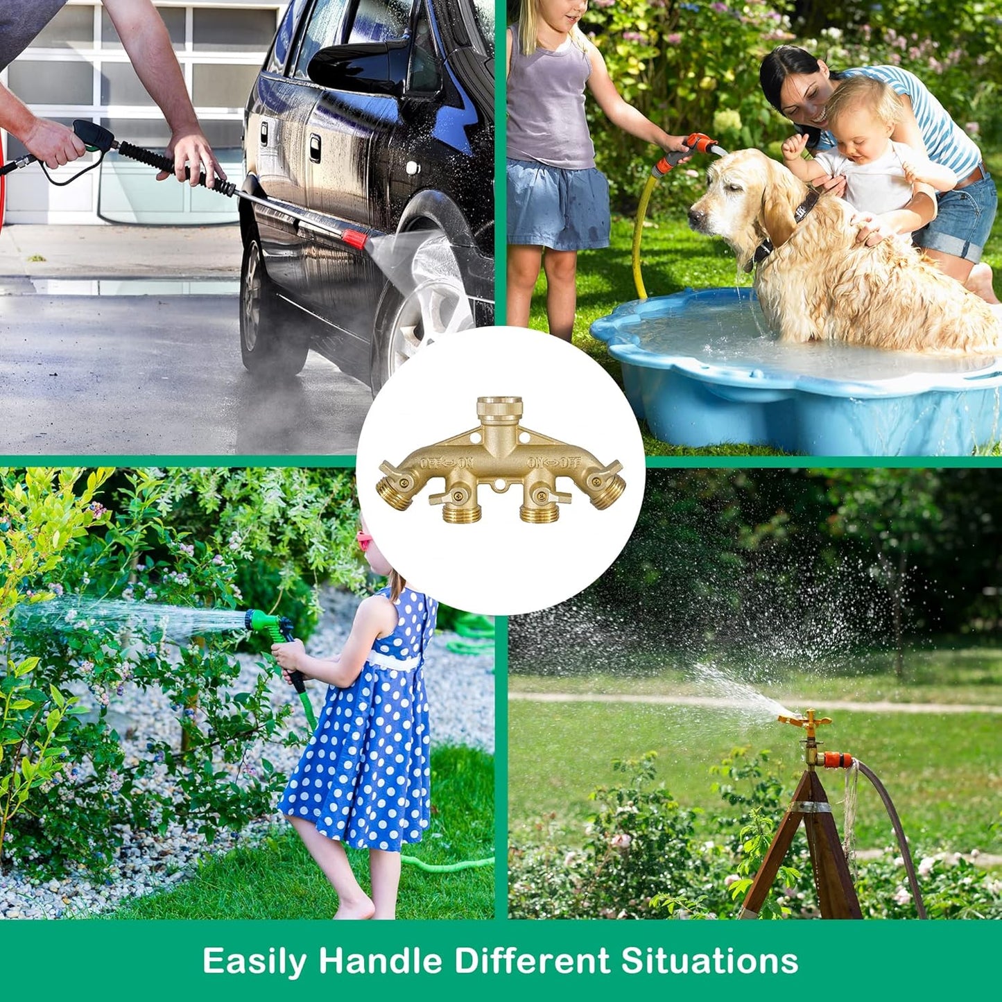 Brass Garden Hose Splitter (4 Way) + Garden Hose Quick Connector